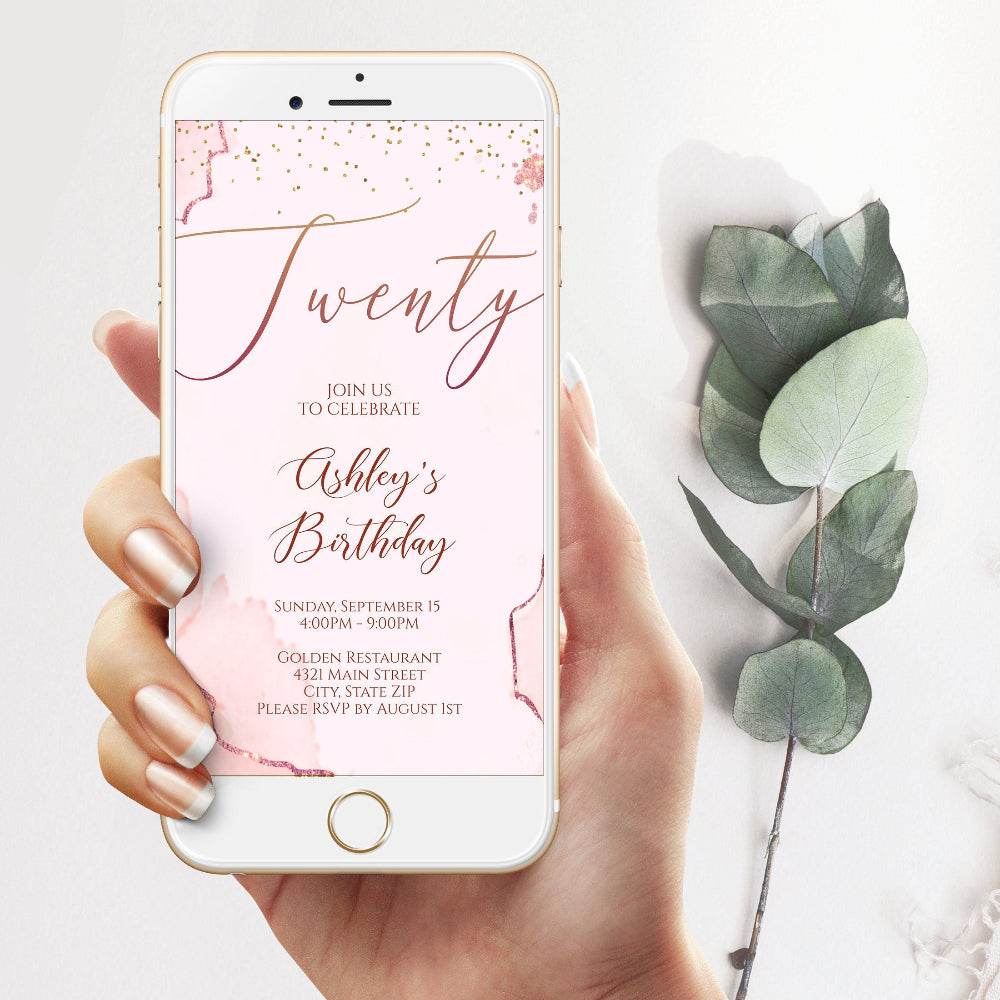 Electronic 20th Birthday Invitation Template, Rose Gold Twenty Phone Party E-Invite, Editable Mobile Text Message Evite, Instant Digital Download
