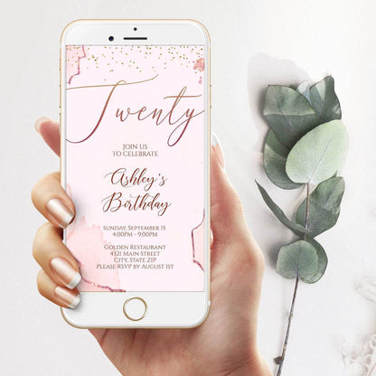 Electronic 20th Birthday Invitation Template, Rose Gold Twenty Phone Party E-Invite, Editable Mobile Text Message Evite, Instant Digital Download