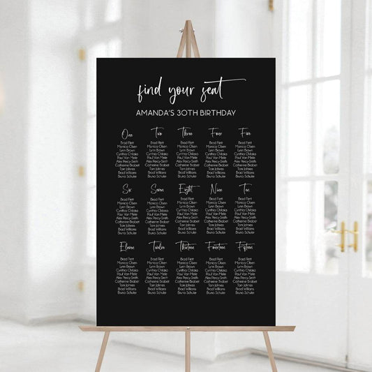 Simple Black Birthday Seating Chart Sign Template, Editable Modern Seating Poster, Printable Birthday Seating Plan, Instant Download