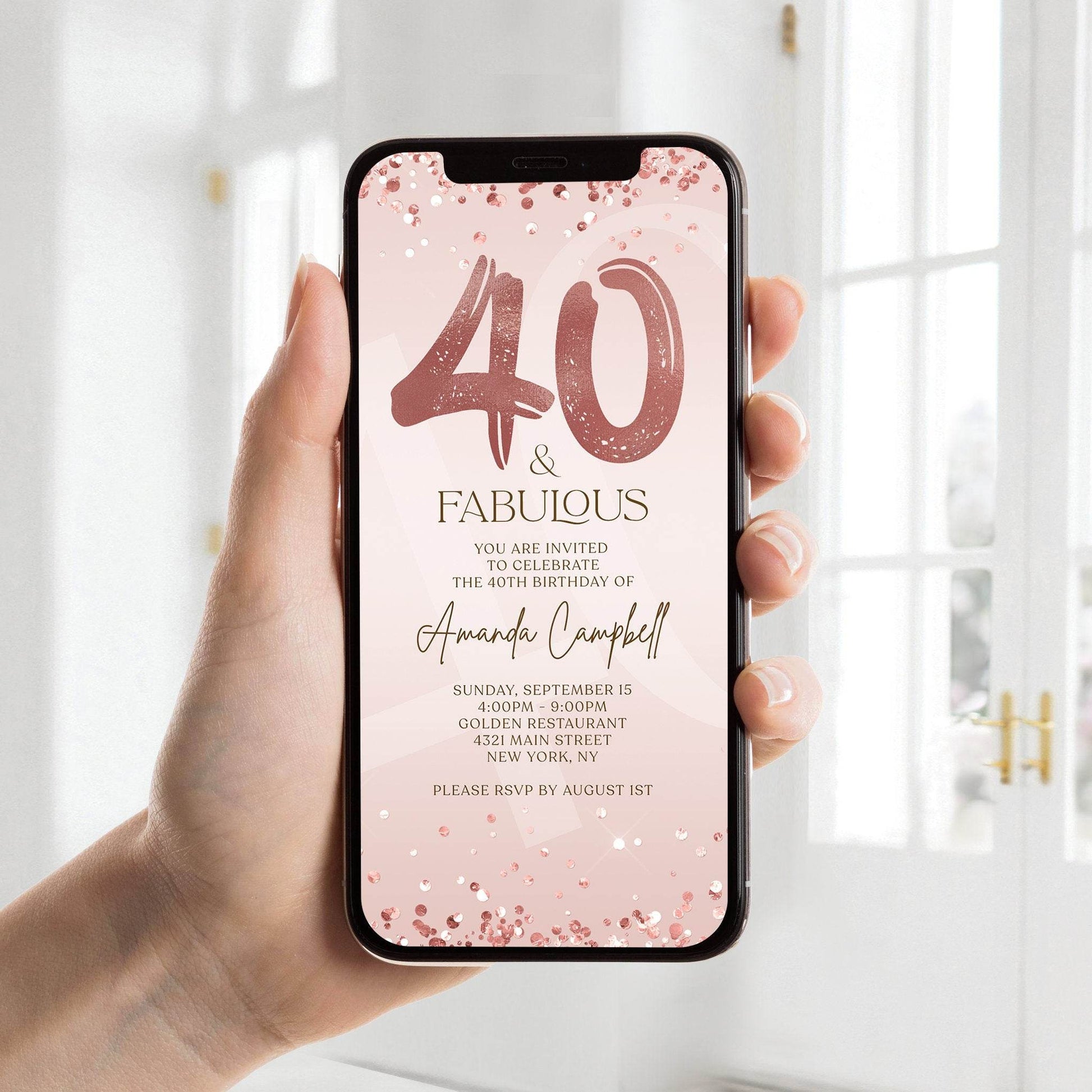 Digital Forty and Fabulous Dinner Party Invite – Editable Rose Gold 40th Birthday Invitation – Electronic Ladies Evite – Text Message Birthday Invitation