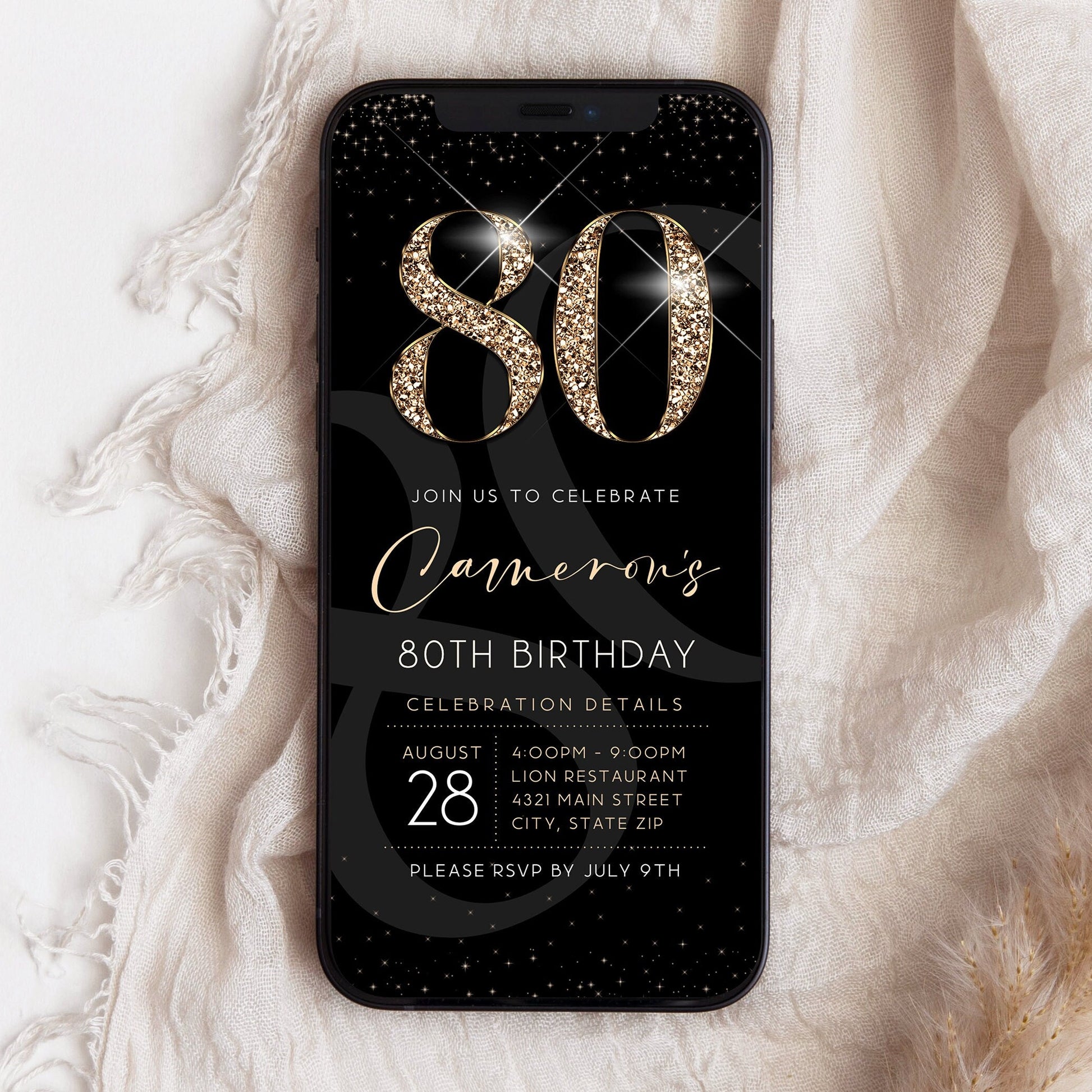 Luxury Digital 80th Eighty Birthday Evite Invitation Template, Electronic Black Gold Modern Invite, Email Text Message Evite, Phone Invite