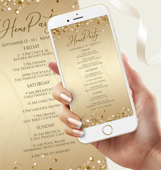 Gold Digital Hens Party Weekend Itinerary – Editable Event Schedule for Birthday, Bachelorette, Wedding, or Family Reunion | Text Message Evite | Instant Download
