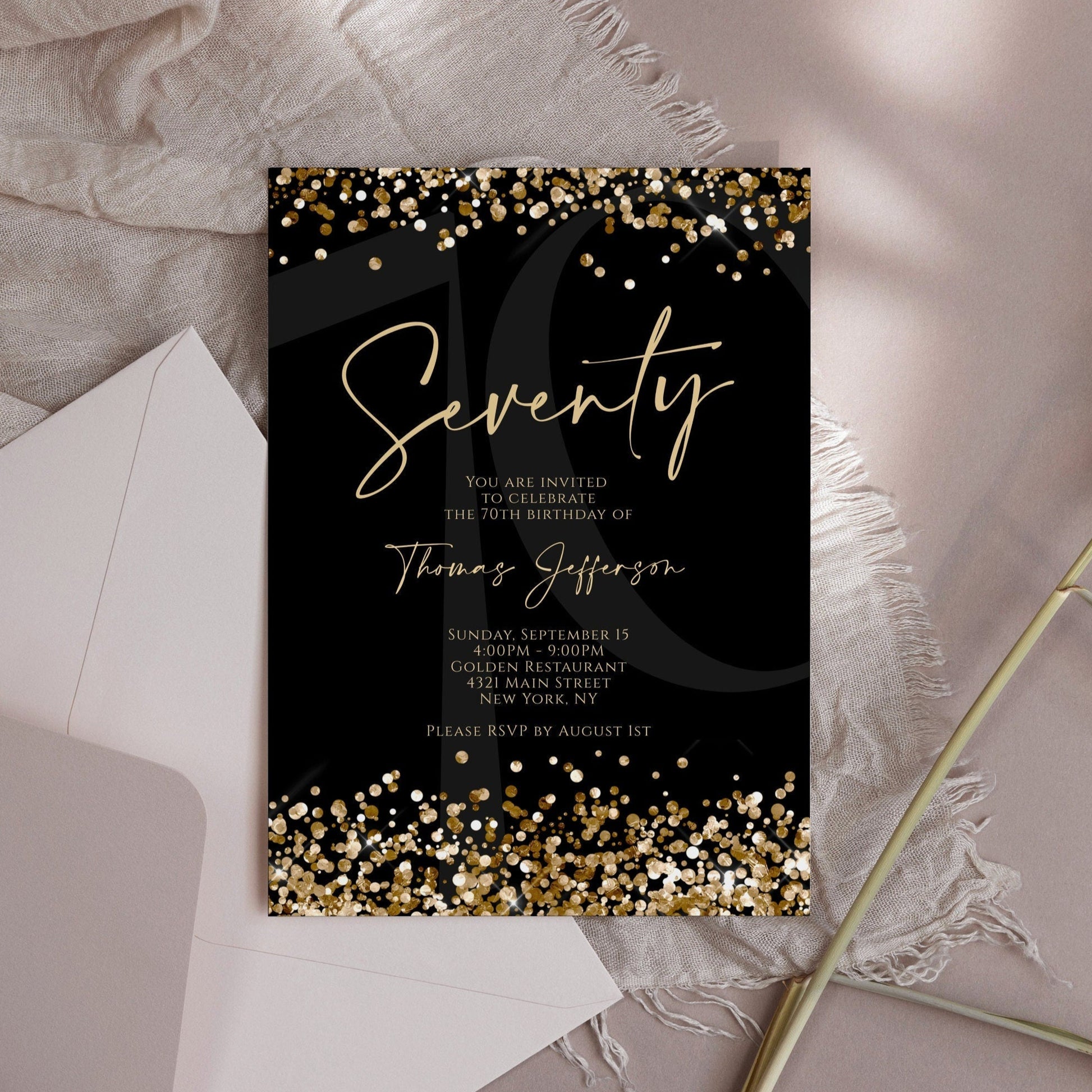 Printable 70th Birthday Invitation Template - Black and Gold | Instant Download