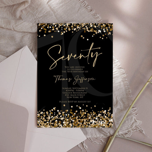 Printable 70th Birthday Invitation Template - Black and Gold | Instant Download