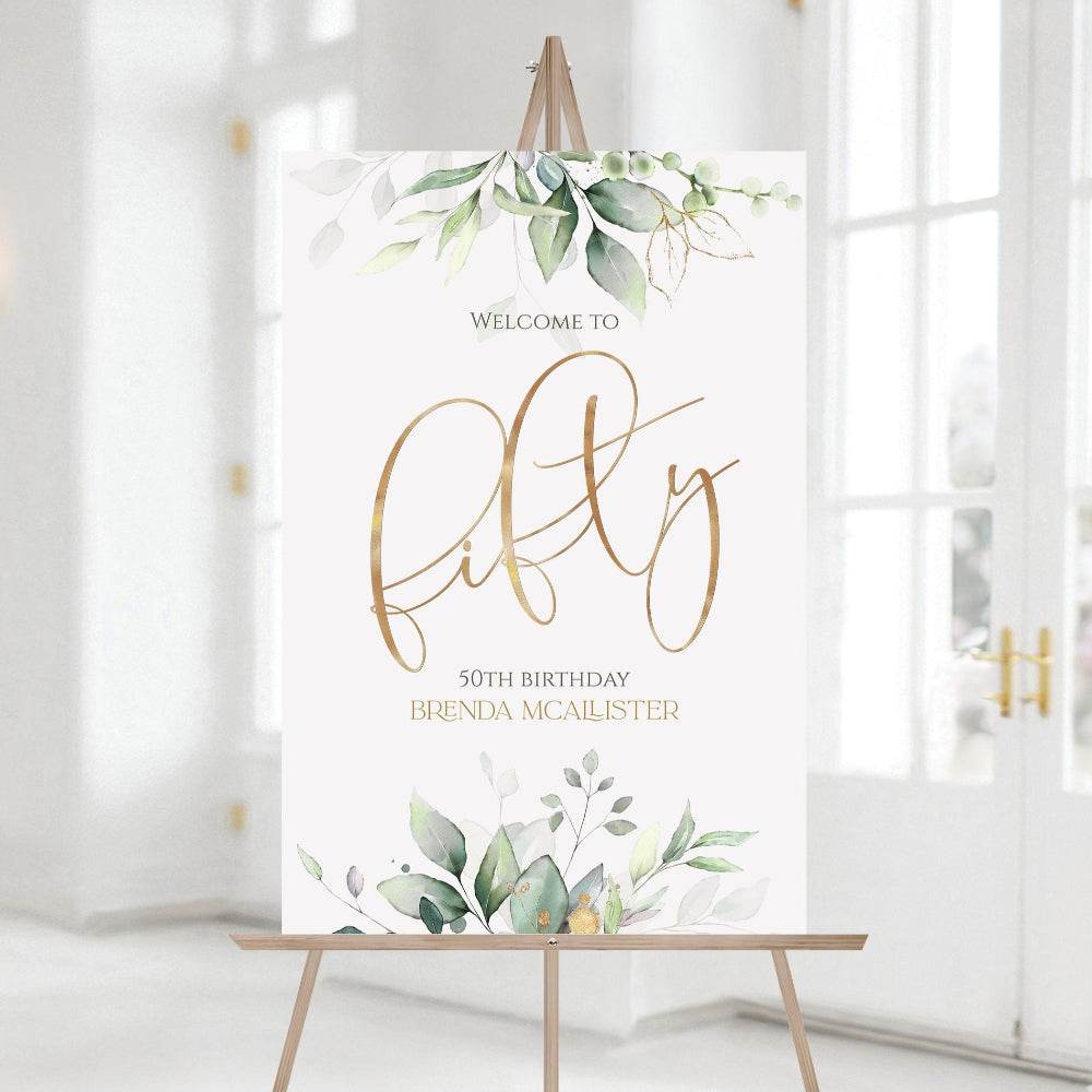 Greenery 50th Birthday Party Welcome Sign, Editable Printable Template, Gold Foil Leaves Birthday Welcome Poster, DIY Party Sign, Instant Download