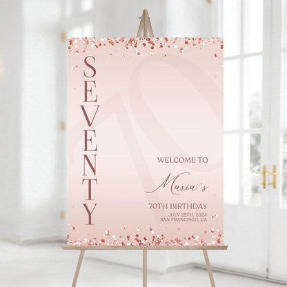 Printable Rose Gold 70th Birthday Welcome Sign | Editable Blush Pink Party Sign Template | Seventy Birthday Poster | Modern Digital Download