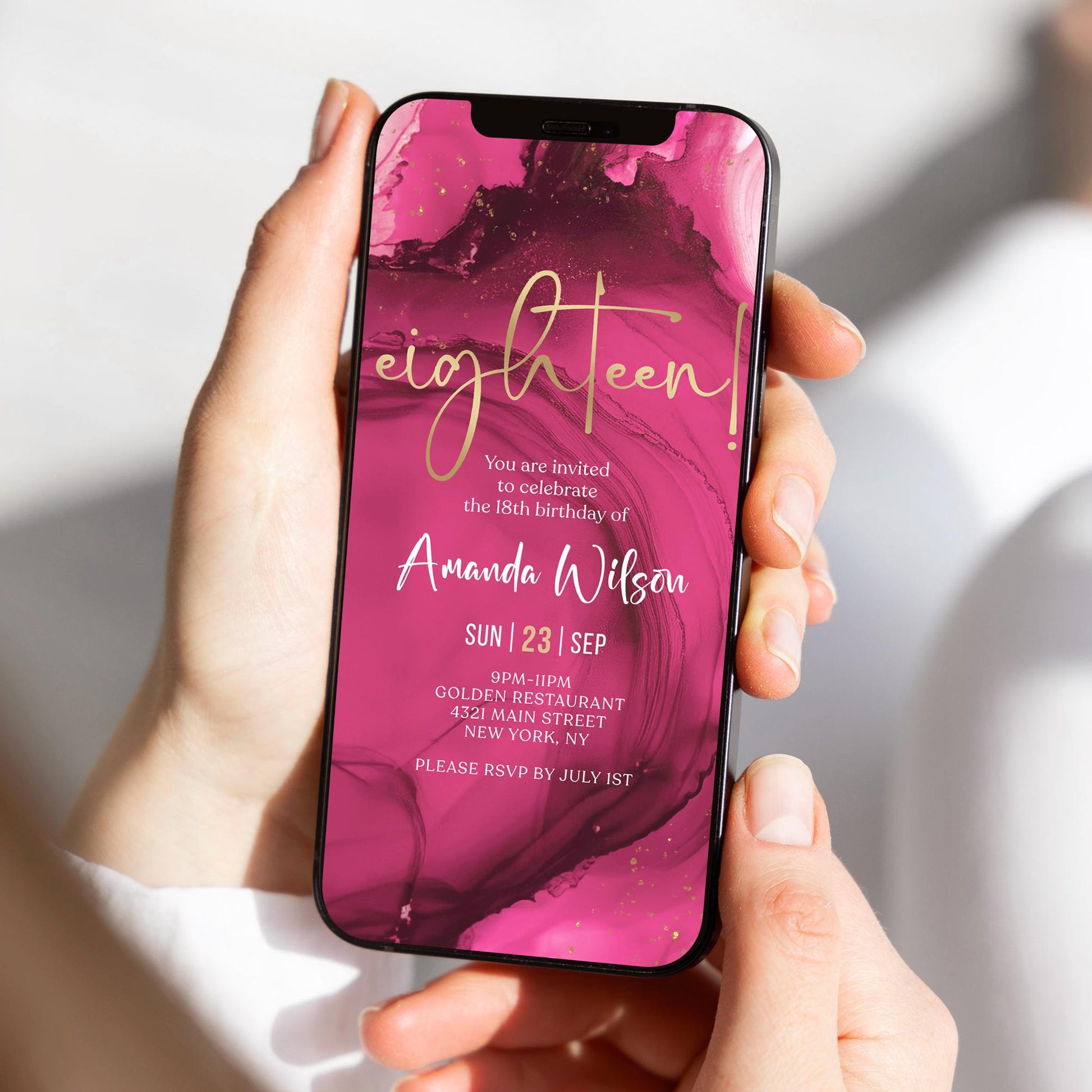 18th Birthday Invitation Template - Fuchsia Pink Gold Design | Instant Download