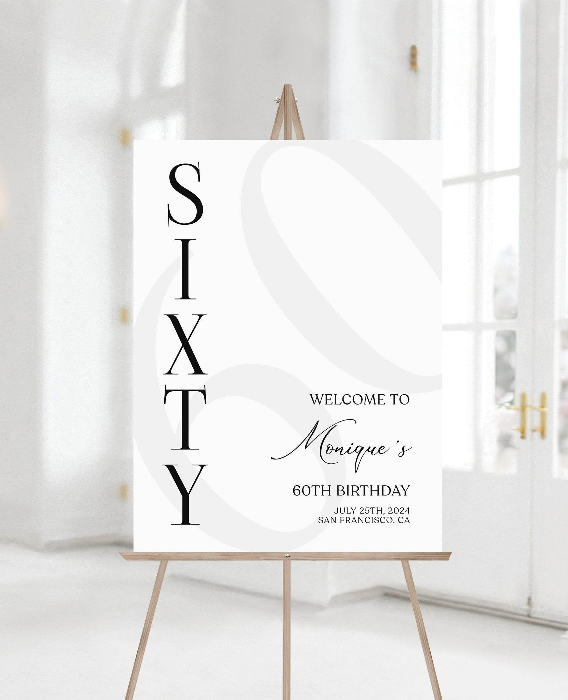 Simple 60th Birthday Welcome Sign Template – Minimalist Printable Welcome Poster | Editable Sixty Birthday Sign | Instant Digital Download