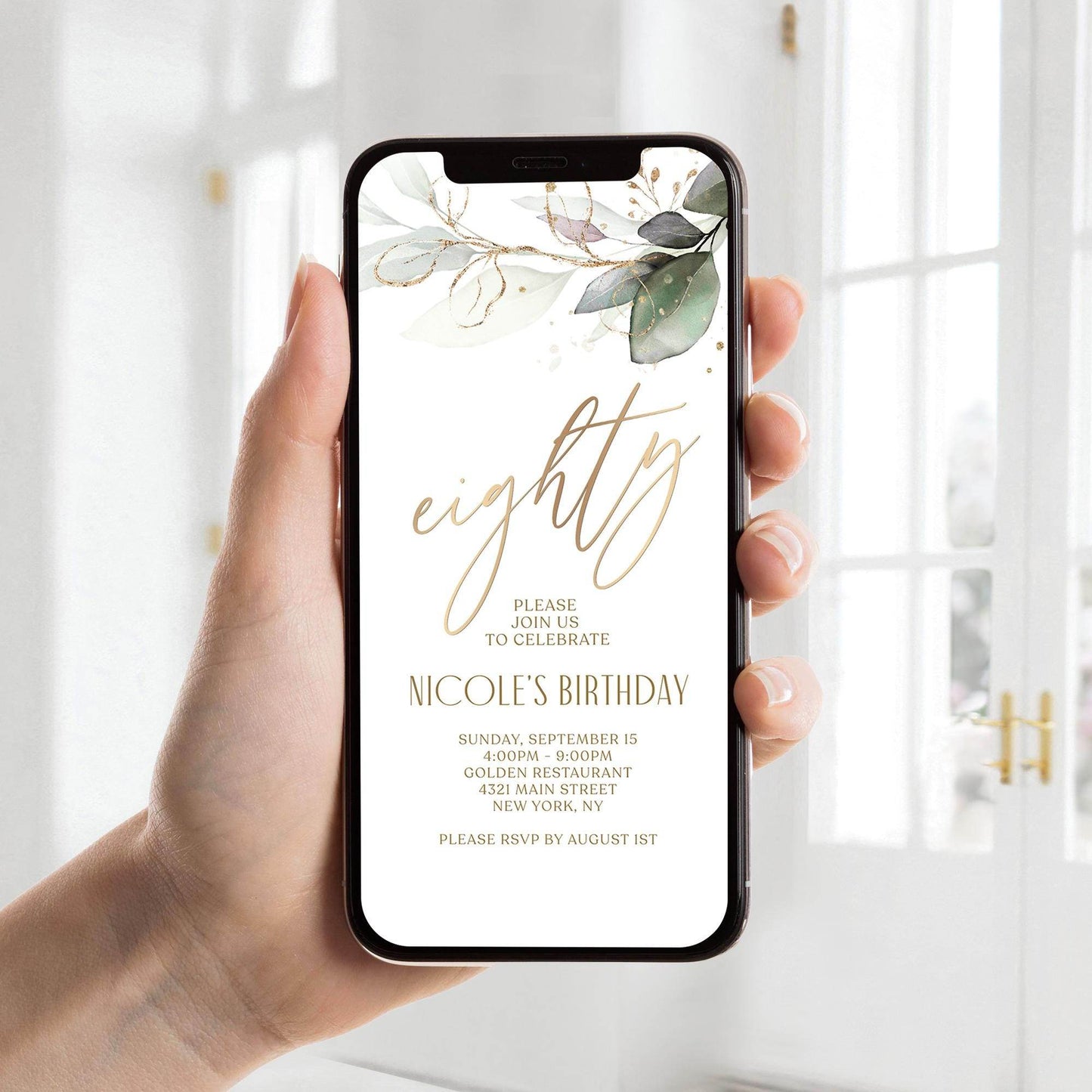 Editable 80th Birthday Invitation Template, Digital Greenery Boho Party Invite, Text Message Evite for Phone, Instant Download