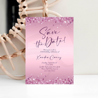 Editable Save the Date Purple Birthday Invitation Template, Printable Lavender Birthday Party Invite, Any Age Save the Date Card, Email Text Message, Instant Download