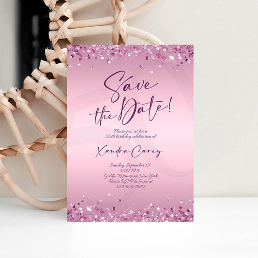 Editable Save the Date Purple Birthday Invitation Template, Printable Lavender Birthday Party Invite, Any Age Save the Date Card, Email Text Message, Instant Download