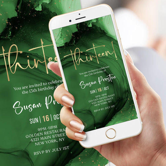 Green Emerald Gold 13th Thirteen Boy Girl Birthday Invitation Template, Digital Birthday Invite, Electronic Invitation, Text Message Evite, Instant Download 