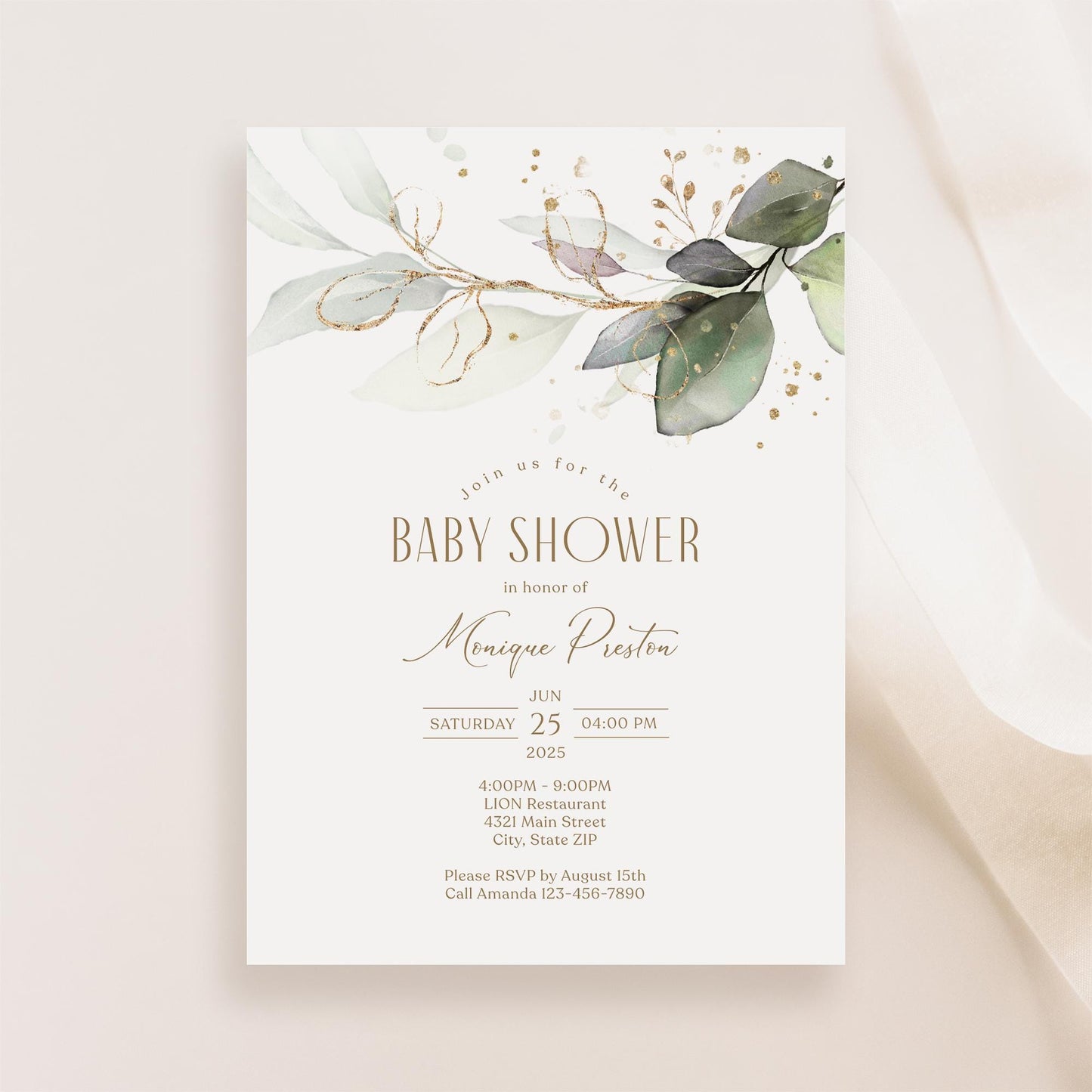 Editable Greenery Baby Shower Invitation Card Template, Printable Eucalyptus Baby Shower Invite, Email Text Message Evite Elegant Invitation