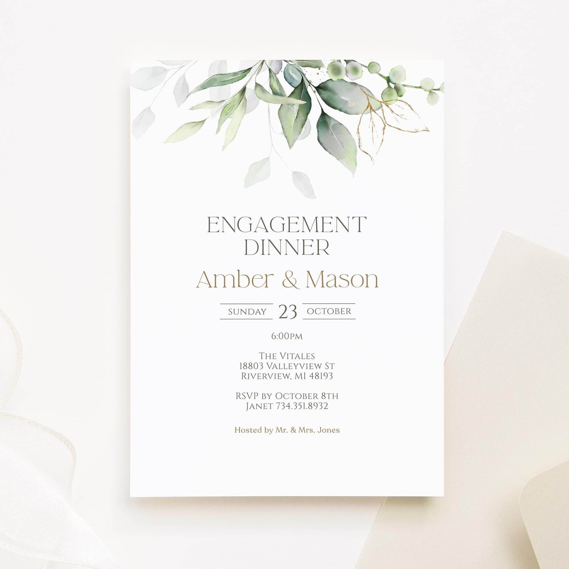 Greenery Engagement Dinner Party Invitation Template – Minimalist Editable Engagement Invite | Printable Invitation Card | Instant Download