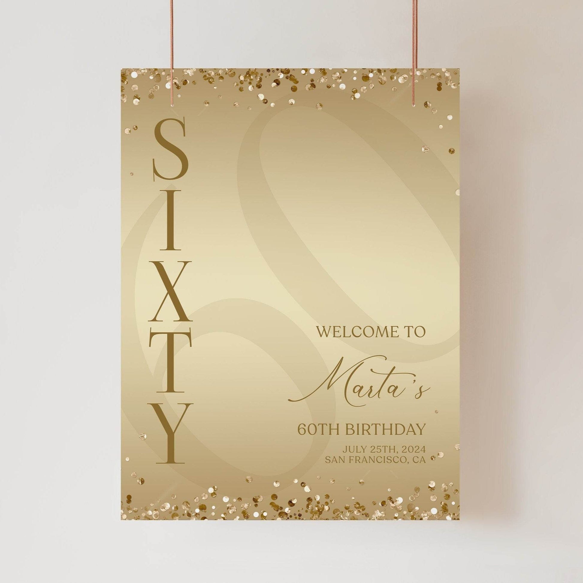 Gold Printable 60th Birthday Welcome Sign Template | Editable Luxury Welcome Poster | Elegant DIY Birthday Decorations