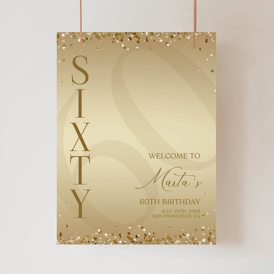Gold Printable 60th Birthday Welcome Sign Template | Editable Luxury Welcome Poster | Elegant DIY Birthday Decorations