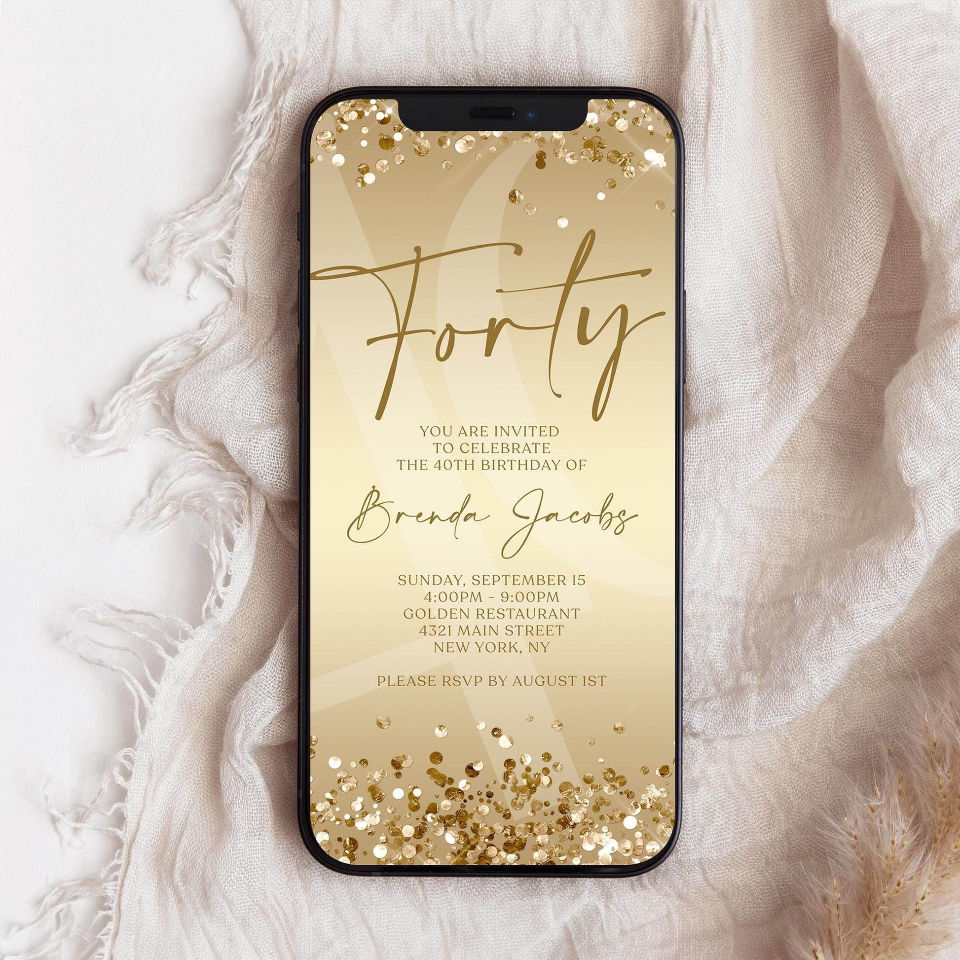 40th Birthday Invitation Template | Gold Confetti Digital Invite | Editable Forty Birthday Evite | Text Message or Email | Instant Download