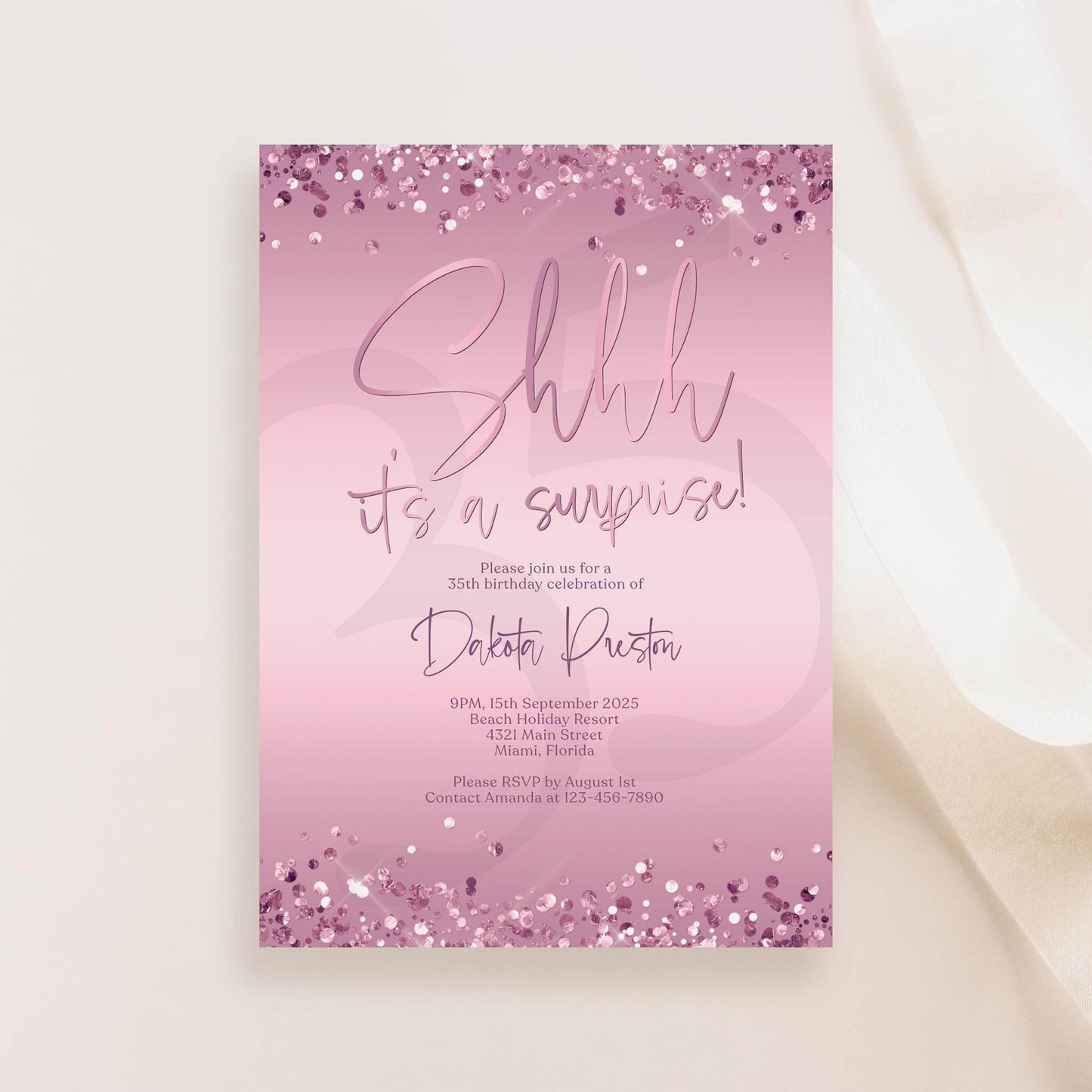 Shhh It’s a Surprise Lavender Invitation Template | Editable Purple Birthday Party Invite | Any Age Evite | Email Text Message | Instant Digital Download