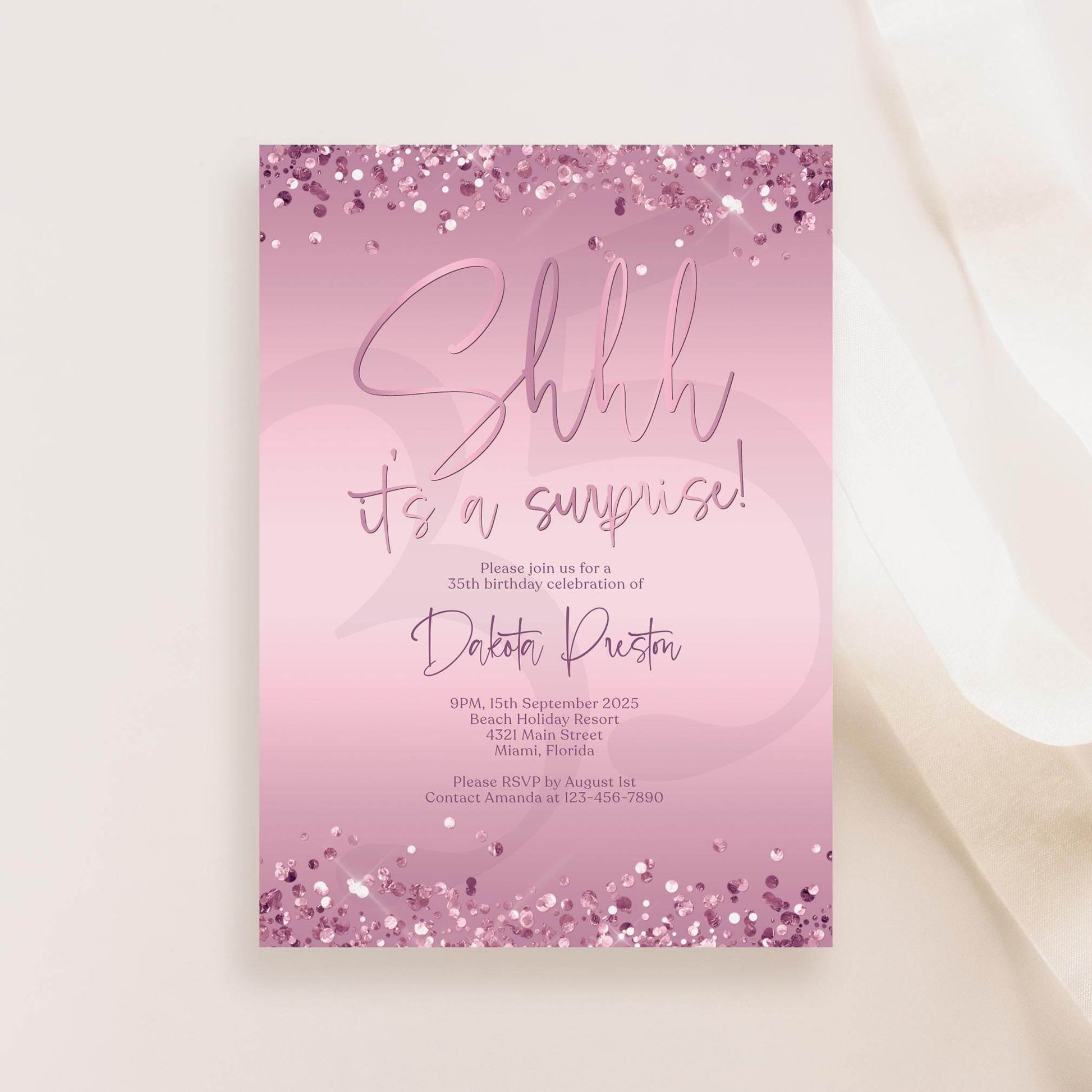Shhh It’s a Surprise Lavender Invitation Template | Editable Purple Birthday Party Invite | Any Age Evite | Email Text Message | Instant Digital Download