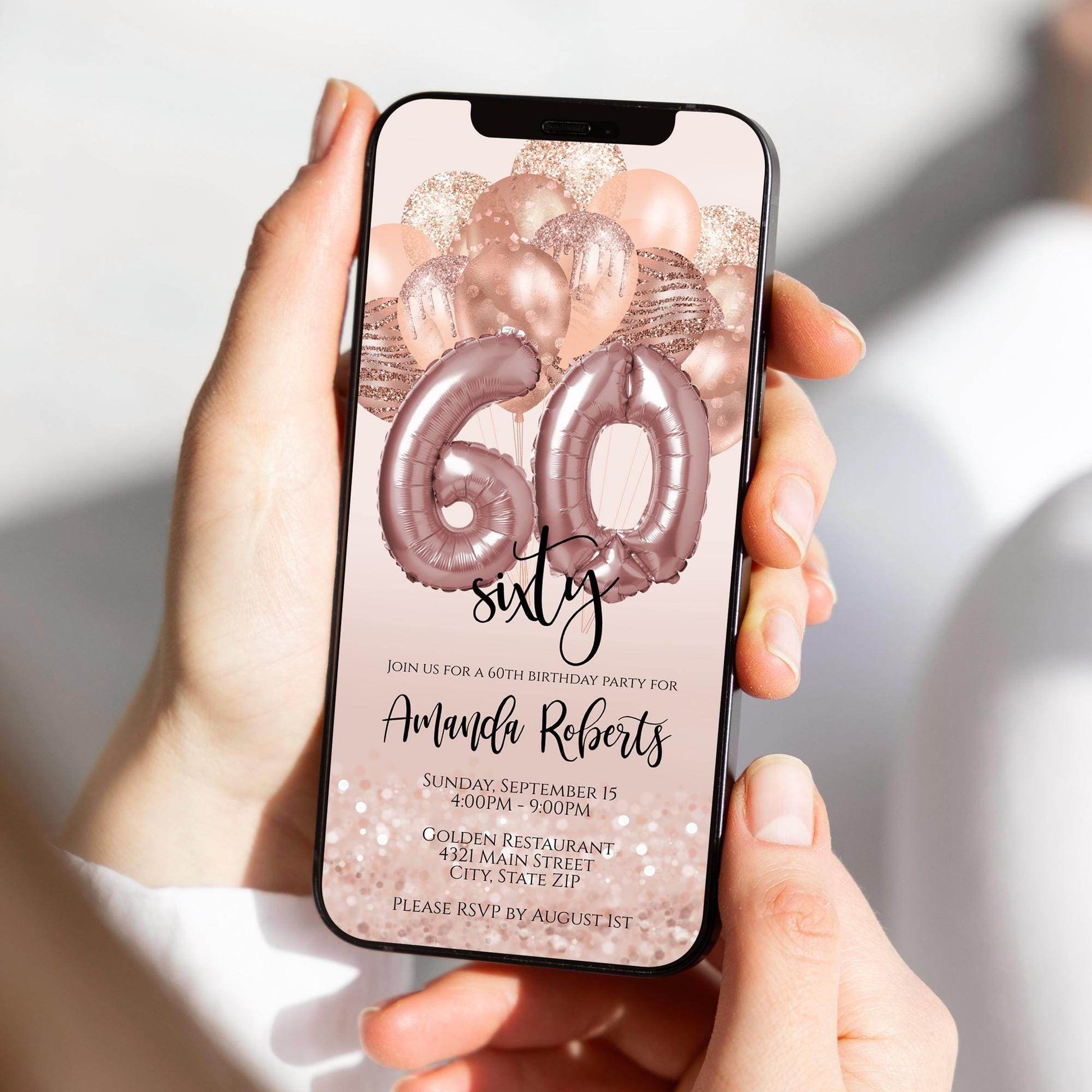 Digital 60th Birthday Invitation Template, Rose Gold Balloons Sixty Editable Invite, Text Message Evite, Phone Invitation, Instant Download