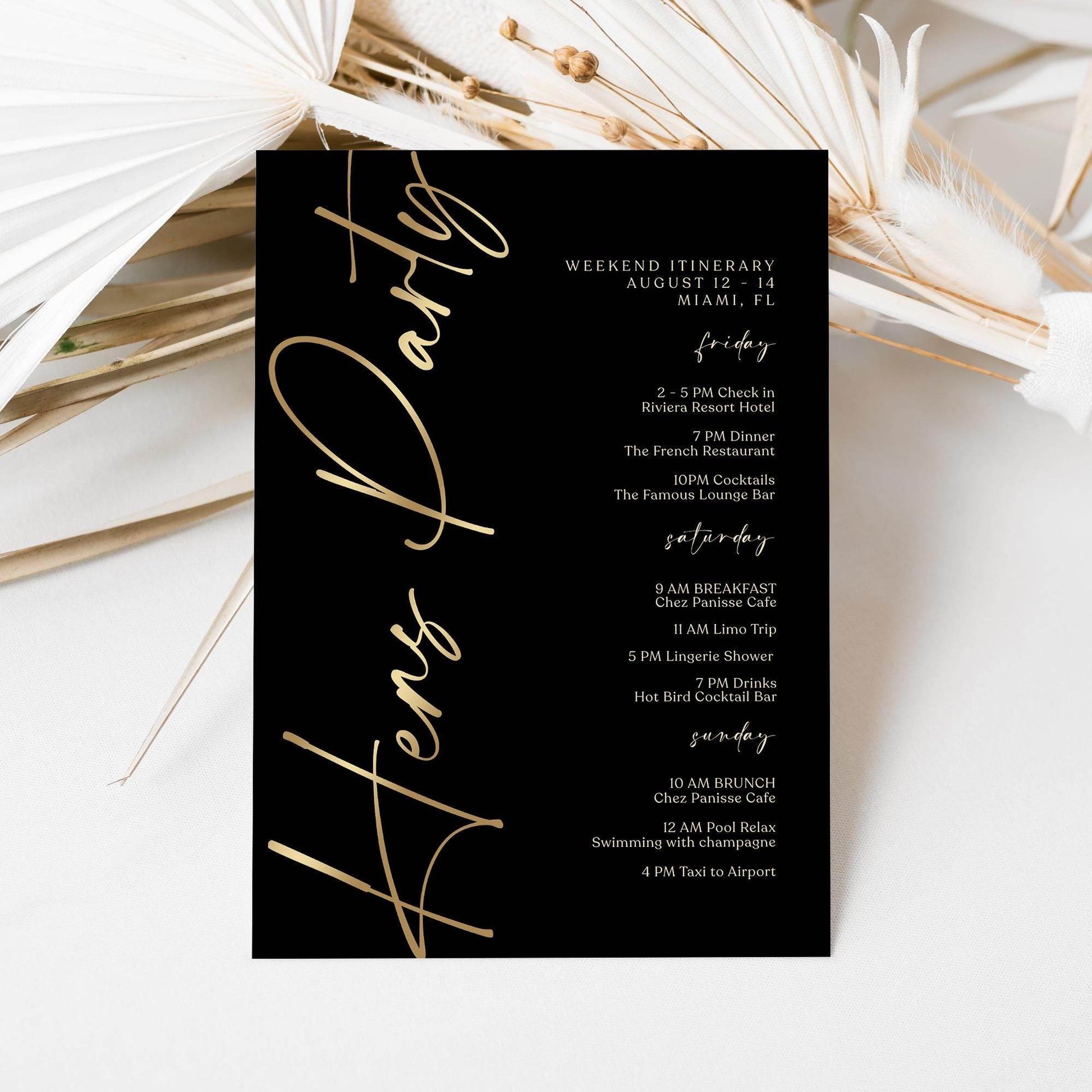 Editable Black Gold Hens Party Weekend Itinerary Template – Printable Bachelorette Weekend Schedule | Digital Event Planner | Instant Download