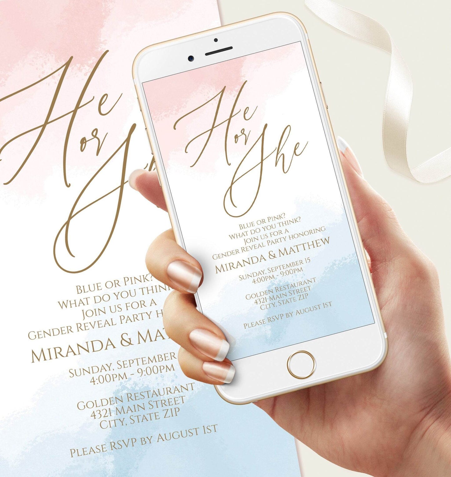 Electronic Gender Reveal Invitation, He or She Digital Evite, Boy or Girl Watercolor Splash, Text Message Editable Party Invite Template