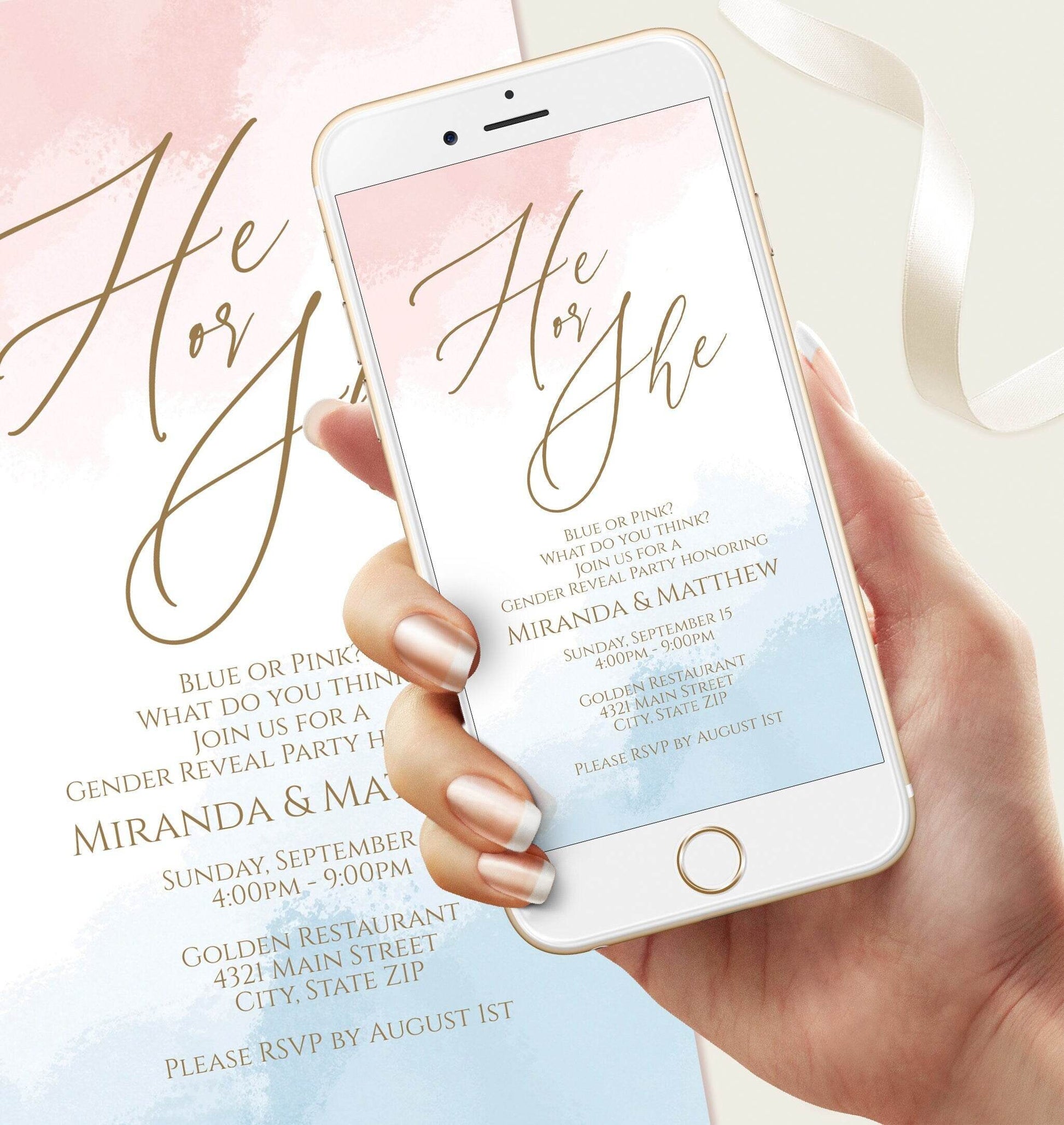 Electronic Gender Reveal Invitation, He or She Digital Evite, Boy or Girl Watercolor Splash, Text Message Editable Party Invite Template