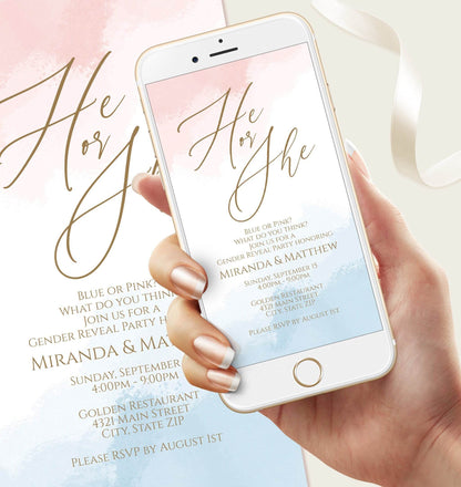 Electronic Gender Reveal Invitation, He or She Digital Evite, Boy or Girl Watercolor Splash, Text Message Editable Party Invite Template