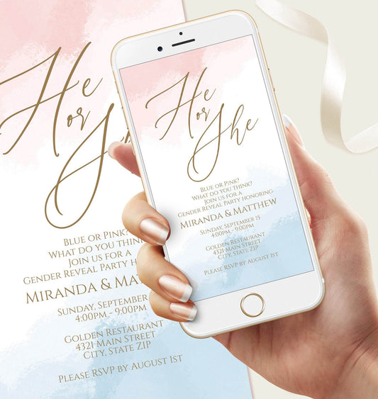 Electronic Gender Reveal Invitation, He or She Digital Evite, Boy or Girl Watercolor Splash, Text Message Editable Party Invite Template