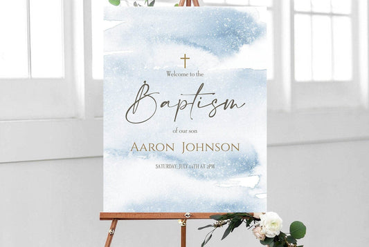 Baptism Welcome Sign Template, Blue Gold Christening Welcome Poster, Printable 18x24 Sign, Editable Digital Watercolor Sign Download