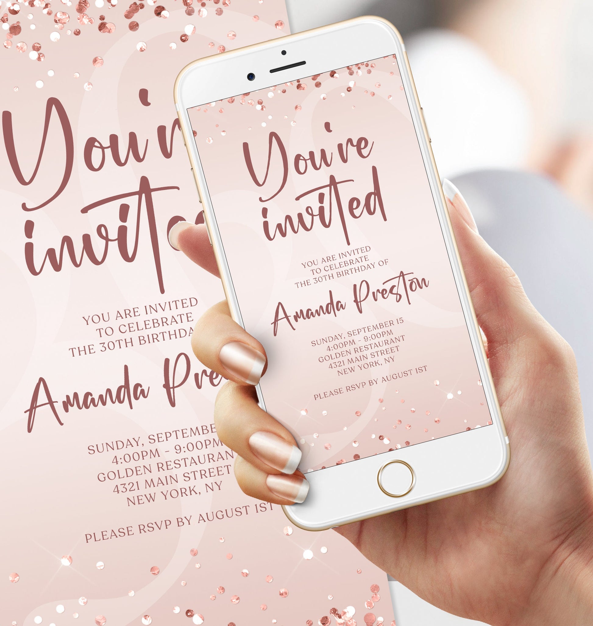 Digital Pink You're Invited Evite, Rose Gold Phone Text Message Invite Template, Electronic Luxury You're Invited Invitation, Special event