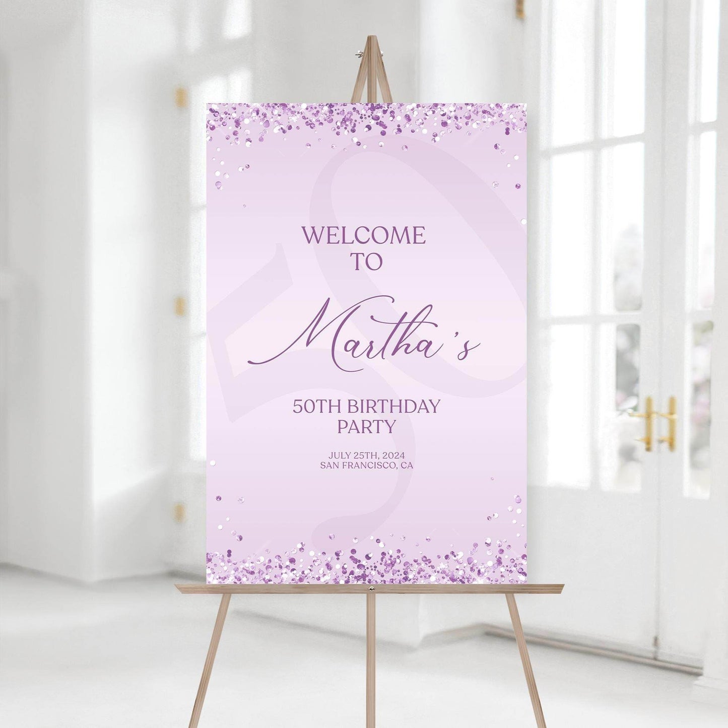 Printable Lavender Birthday Welcome Sign Template – Editable Purple Confetti Birthday Poster | Any Age Birthday Sign Decor | Instant Download
