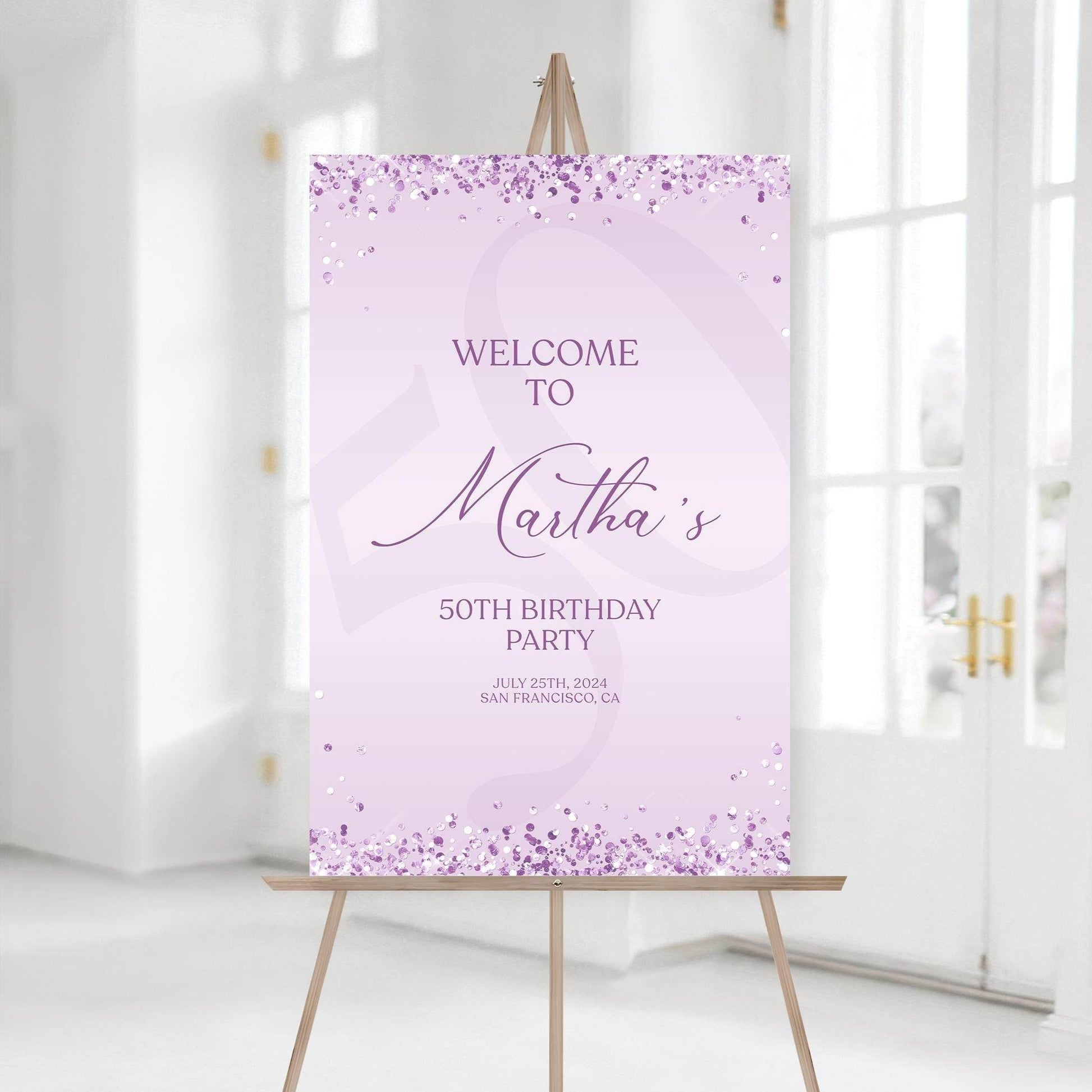 Printable Lavender Birthday Welcome Sign Template – Editable Purple Confetti Birthday Poster | Any Age Birthday Sign Decor | Instant Download