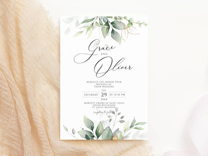 Elegant Greenery Wedding Invitation Template, Printable Wedding invite, Editable Wedding Invitation, Sage greenery invite template download