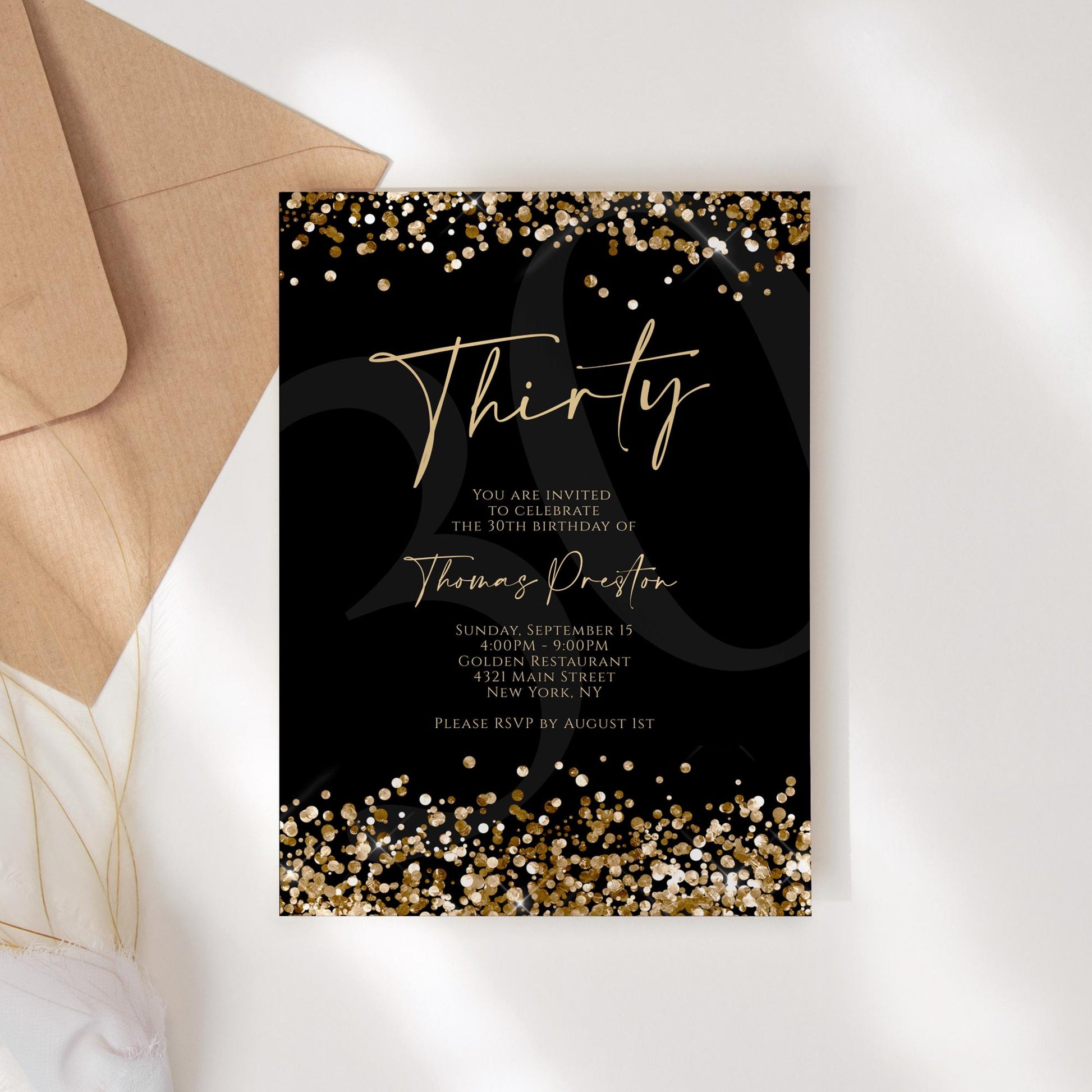 Printable Black Gold 30th Birthday Invitation Template, Luxury Gold Confetti Invite, Editable Men’s Birthday Party Invitation, Instant Download
