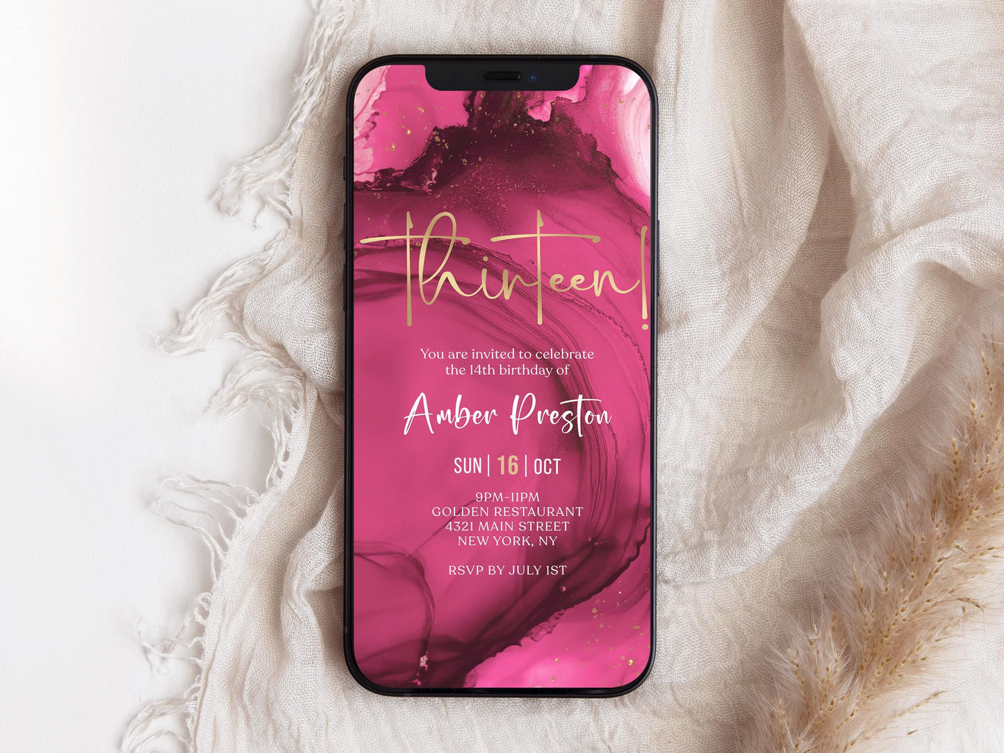 Fuchsia Pink Gold 13th Birthday Invitation - Text Message Evite
