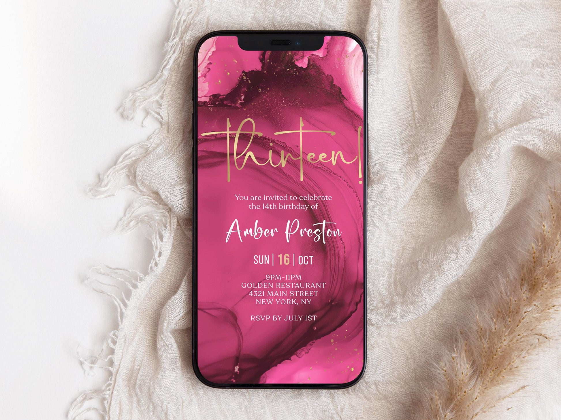 Fuchsia Pink Gold 13th Birthday Invitation - Text Message Evite