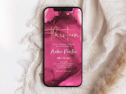 Fuchsia Pink Gold 13th Birthday Invitation - Text Message Evite