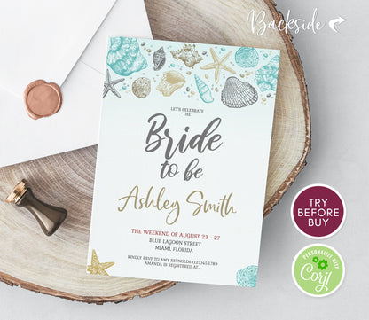 Summer Bridal Shower Invite, Beach Theme, Watercolor Ocean Bride to be, Beach Bridal Shower, Editable Template, Printable Invitation DIY
