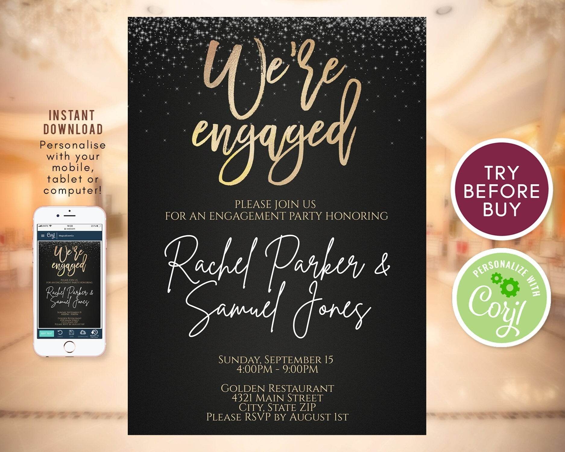 Printable Engagement Invitation Template – Editable Black & Gold Engagement Party Invite – We’re Engaged Announcement – Instant Download DIY