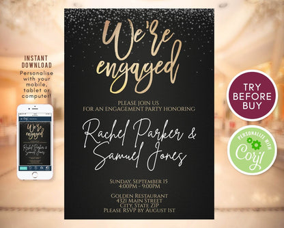 Printable Engagement Invitation Template – Editable Black & Gold Engagement Party Invite – We’re Engaged Announcement – Instant Download DIY