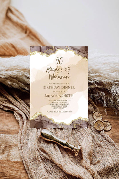 Editable Shades of Melanin Gold Birthday Dinner Invitation Template, Agate Invite, Printable Shade of Brown Invitation, Email Text Message