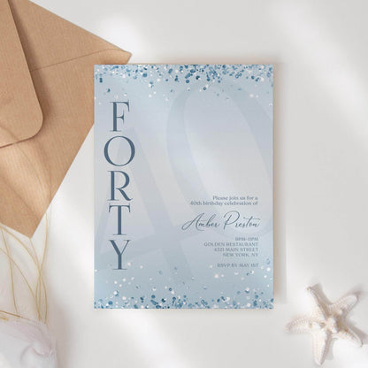 40th Birthday Invitation Template | Editable Blue Confetti | Printable Forty Card | Instant Download