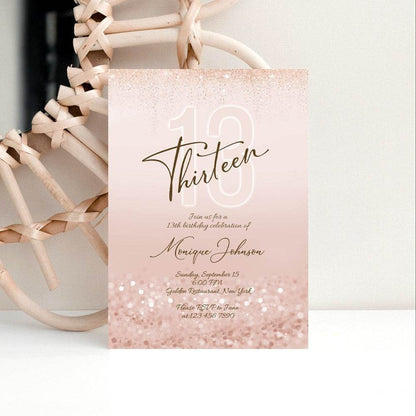 Printable 13th Birthday Invitation Template – Editable Thirteen Girl Birthday Invite – Pink Party Evite – Digital Birthday Card