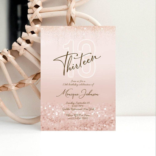 Printable 13th Birthday Invitation Template – Editable Thirteen Girl Birthday Invite – Pink Party Evite – Digital Birthday Card
