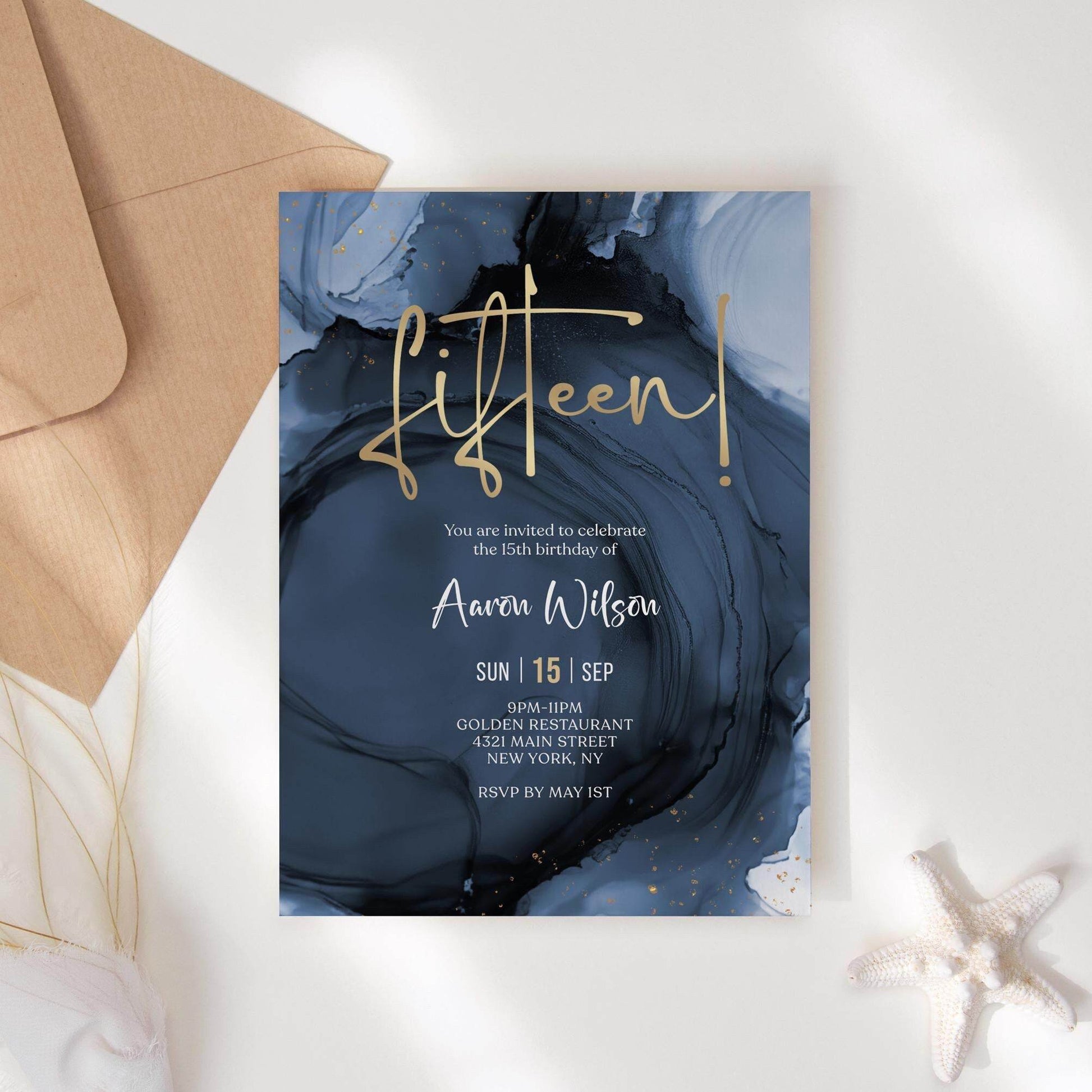 Blue Navy Gold 15th Birthday Invitation Template – Printable Boy Birthday Party Invite | Editable Surprise Party Evite | Email Text Message | Instant Download