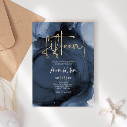 Blue Navy Gold 15th Birthday Invitation Template – Printable Boy Birthday Party Invite | Editable Surprise Party Evite | Email Text Message | Instant Download