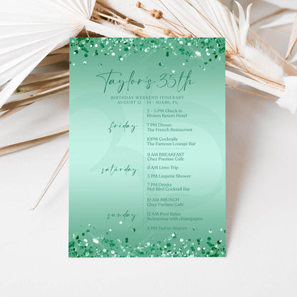 Editable Green Mint Birthday Itinerary Template, Printable Woman Itinerary, Ladies Weekend Itinerary, Party Schedule, Email Text Message