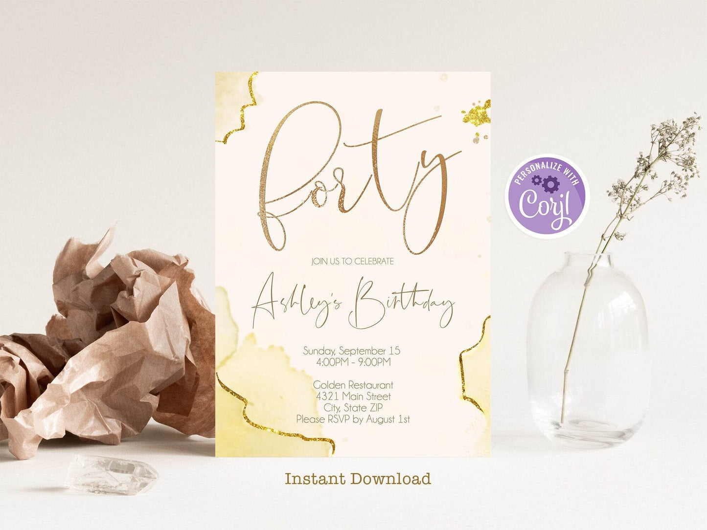 40th Birthday Invitation, Gold Foil Forty Invitation Template, Editable 40th Birthday Party, Watercolor Birthday Invite, Instant Download