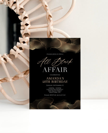 Editable All Black Affair Invitation, Printable All Black Party Invitation, Black and Gold, Marble, Formal Attire Invite, Email Text Message
